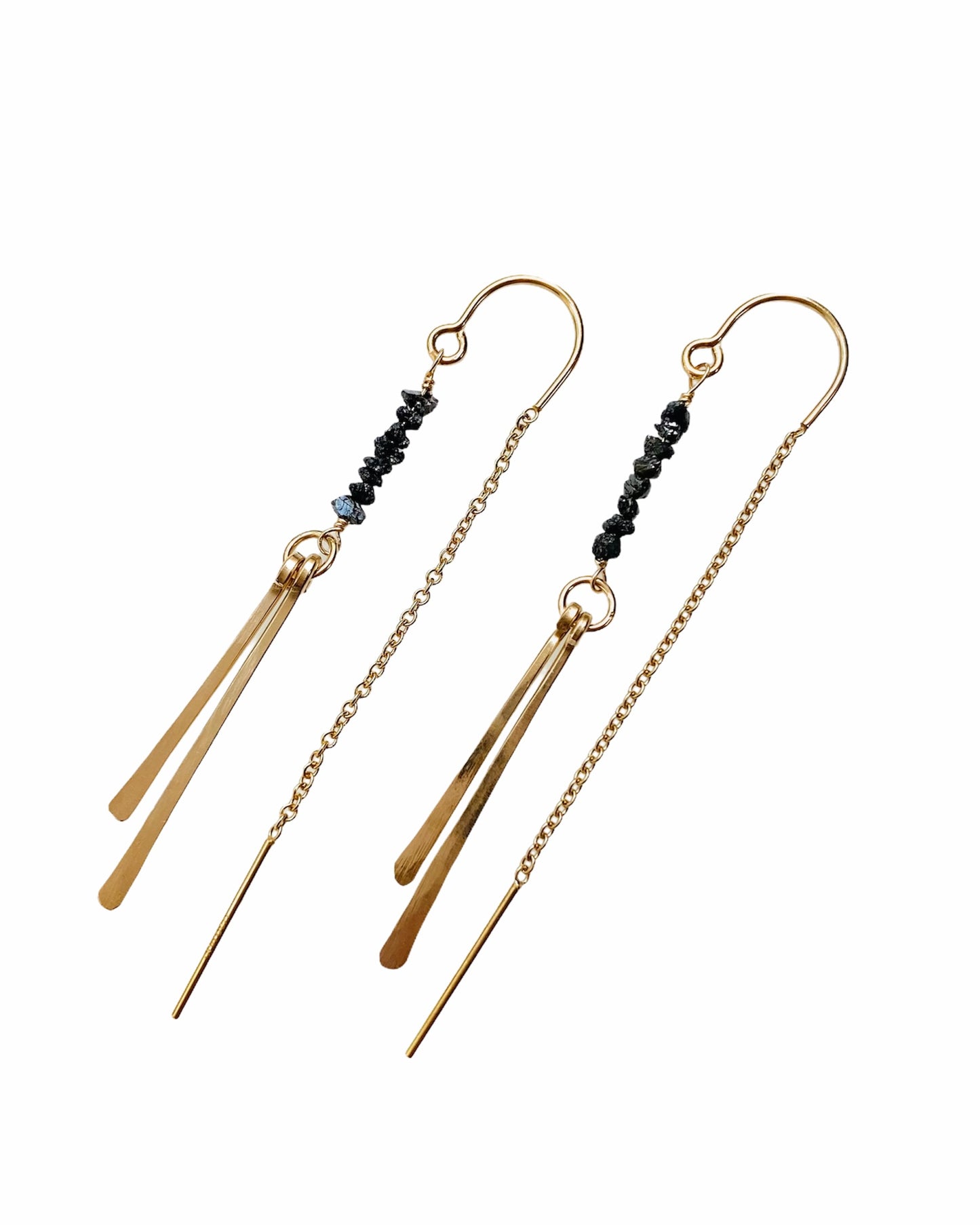 Handmade threader earrings featuring raw black diamonds and hammered gold bars. Measure approximately 2 3/4" long